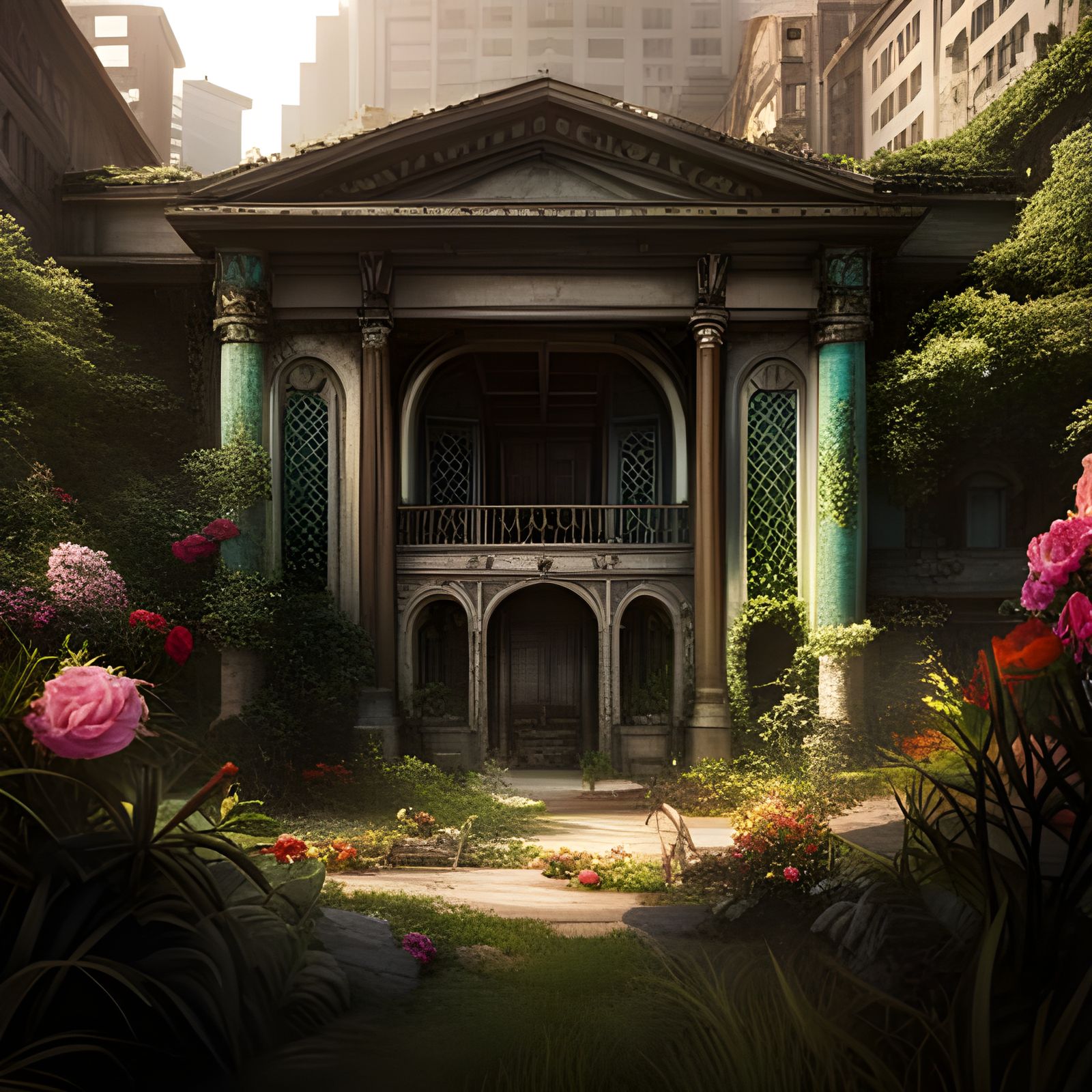 Mysterious Abandoned Building with Garden Concept Art