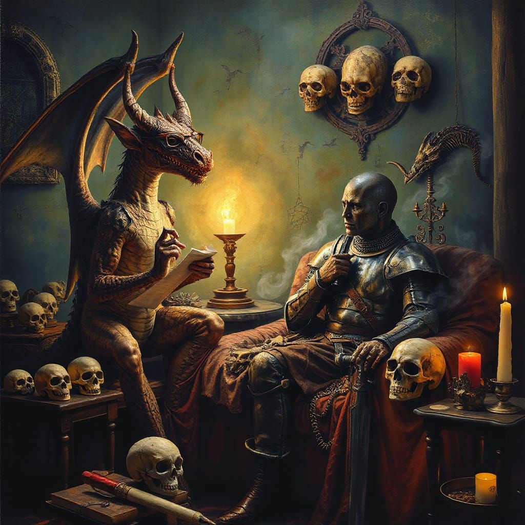 Dragon Therapist: Knight's Session in Beksiński Style