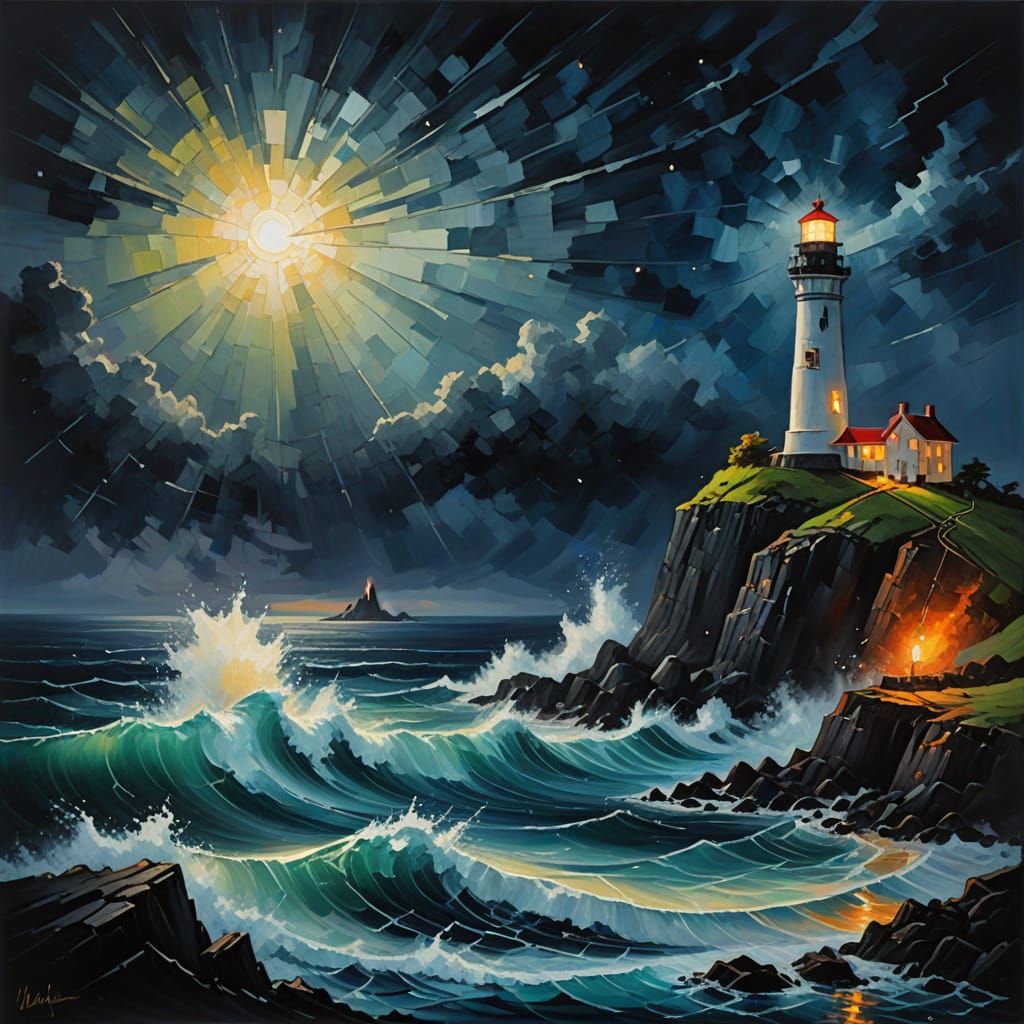 Epic Lighthouse on Volcanic Island, Expressionist Oil Painti...