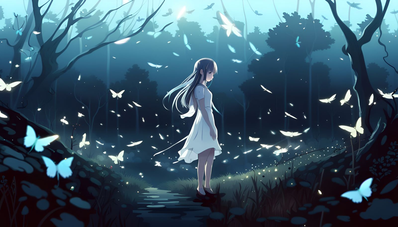 Anime Girl in Forest with Dragonflies at Night
