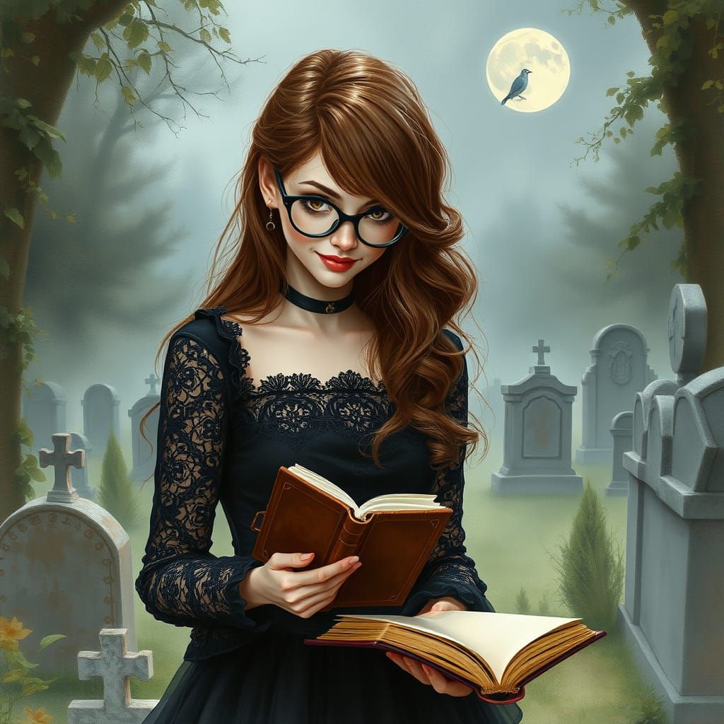Ethereal Woman in Moonlit Cemetery
