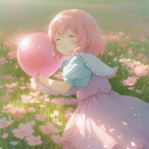 Pink Kitten Anime Girl in Sunny Meadow