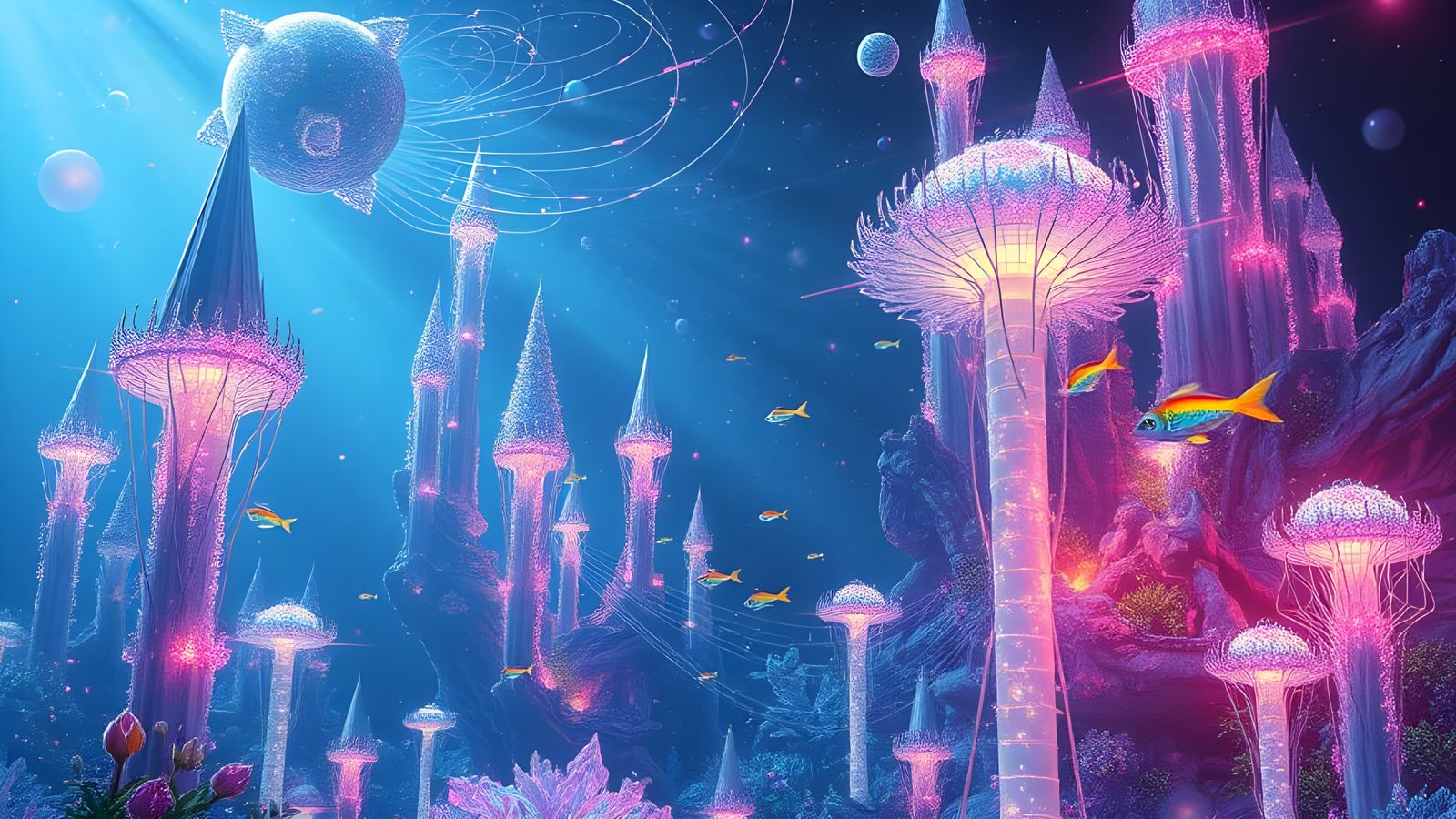 Surreal Radiolaria in a Futuristic Underwater Cityscape