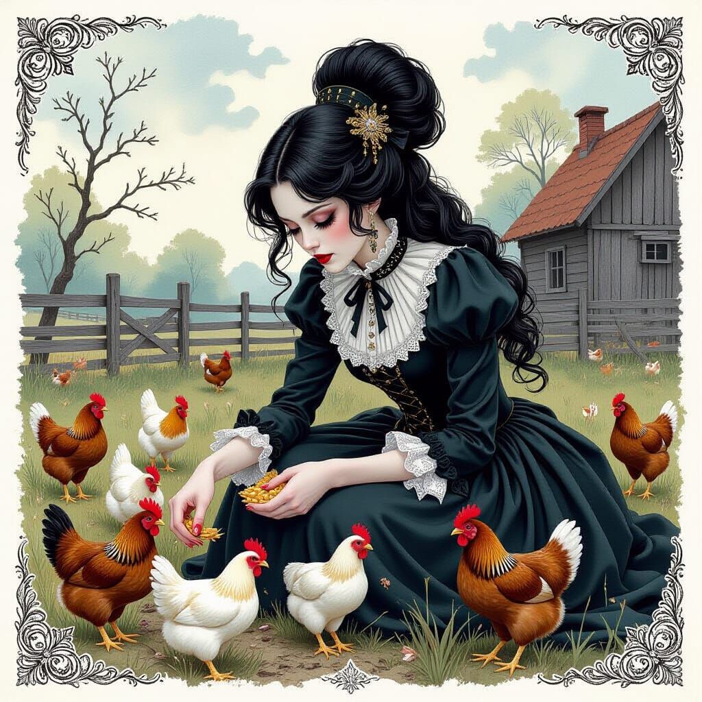 Gothic Girl Feeds Chickens in Victorian Farm Painting