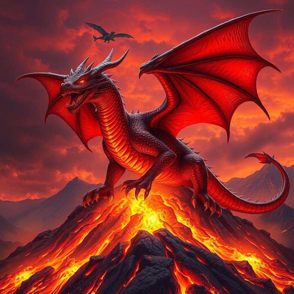 Majestic Dragon Perched on Volcano, Unleashing Blazing Fire