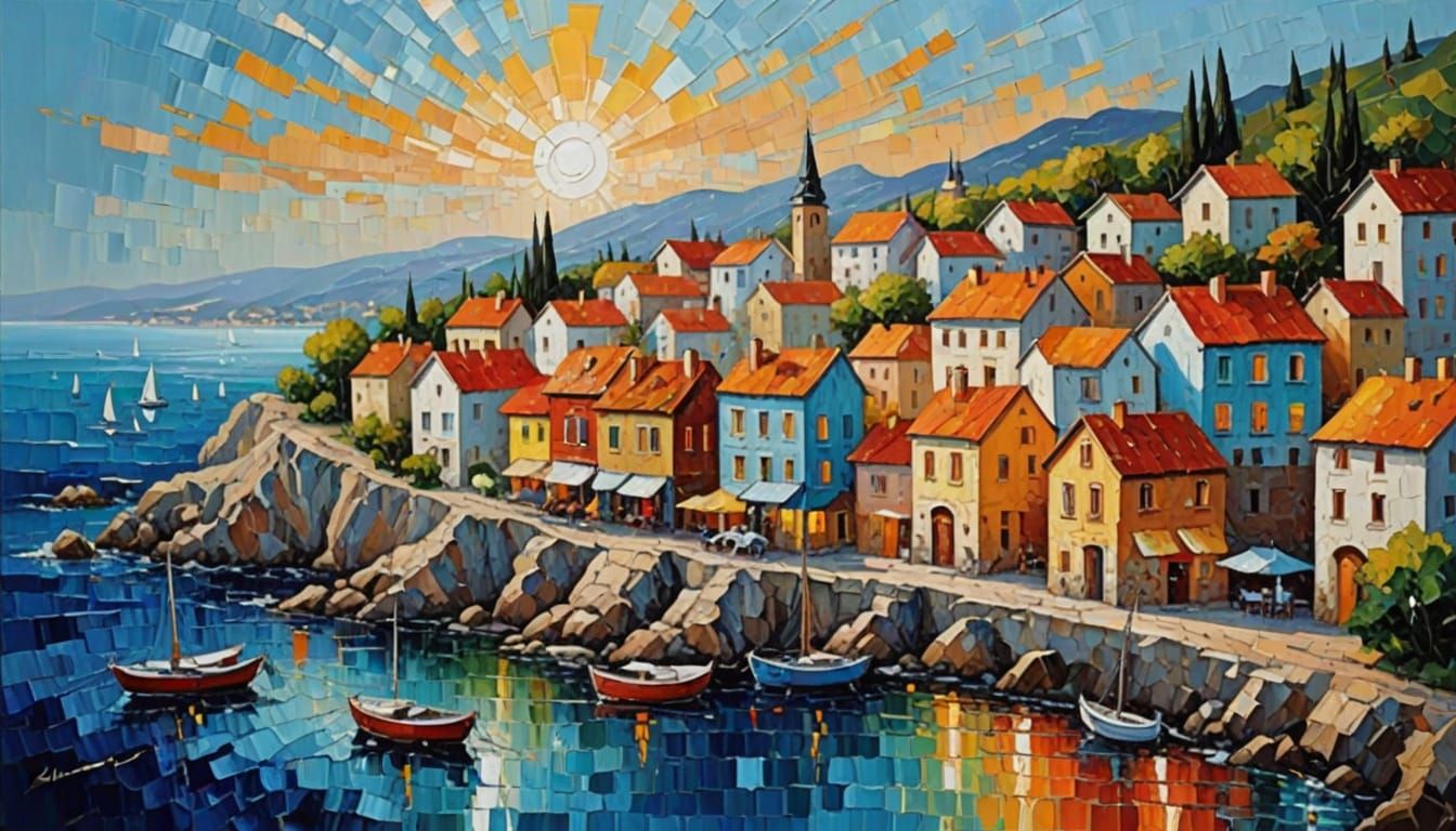 Vibrant Coastal Townscape in Thick Impasto Oil Painting