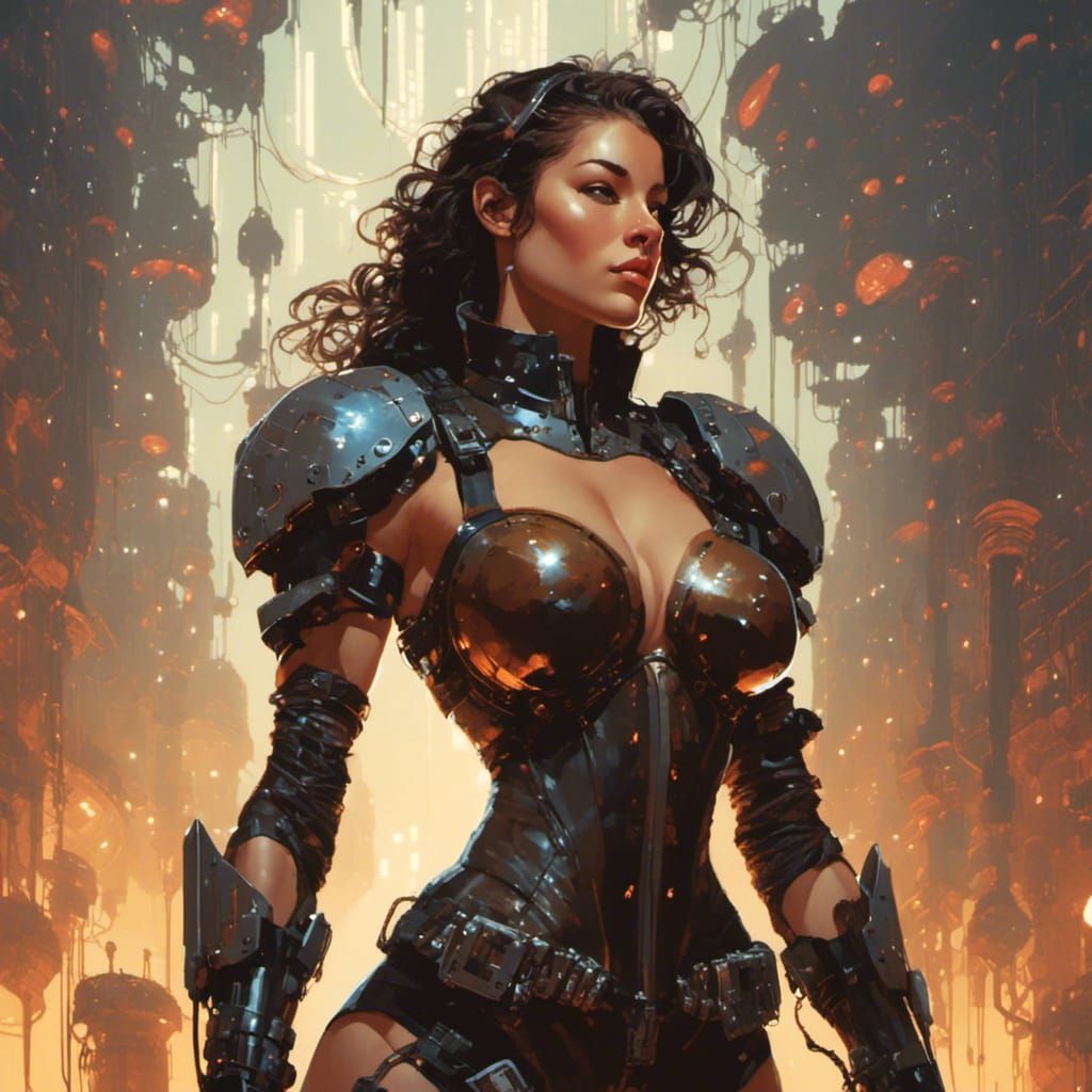 Muscular Fighter Girl in Cyberpunk Latex Bodysuit