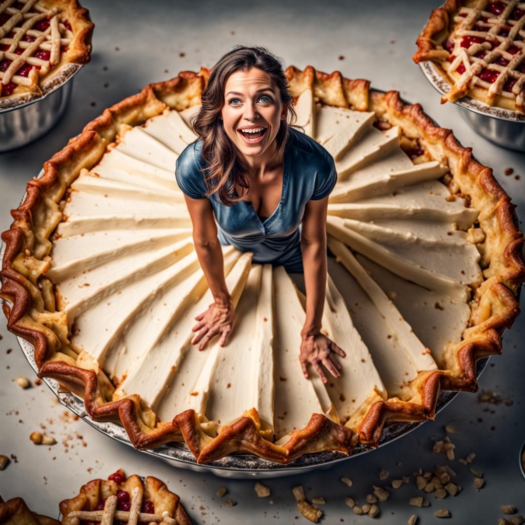 Woman Pops Out of Pie: Hyperrealistic 64MP Image