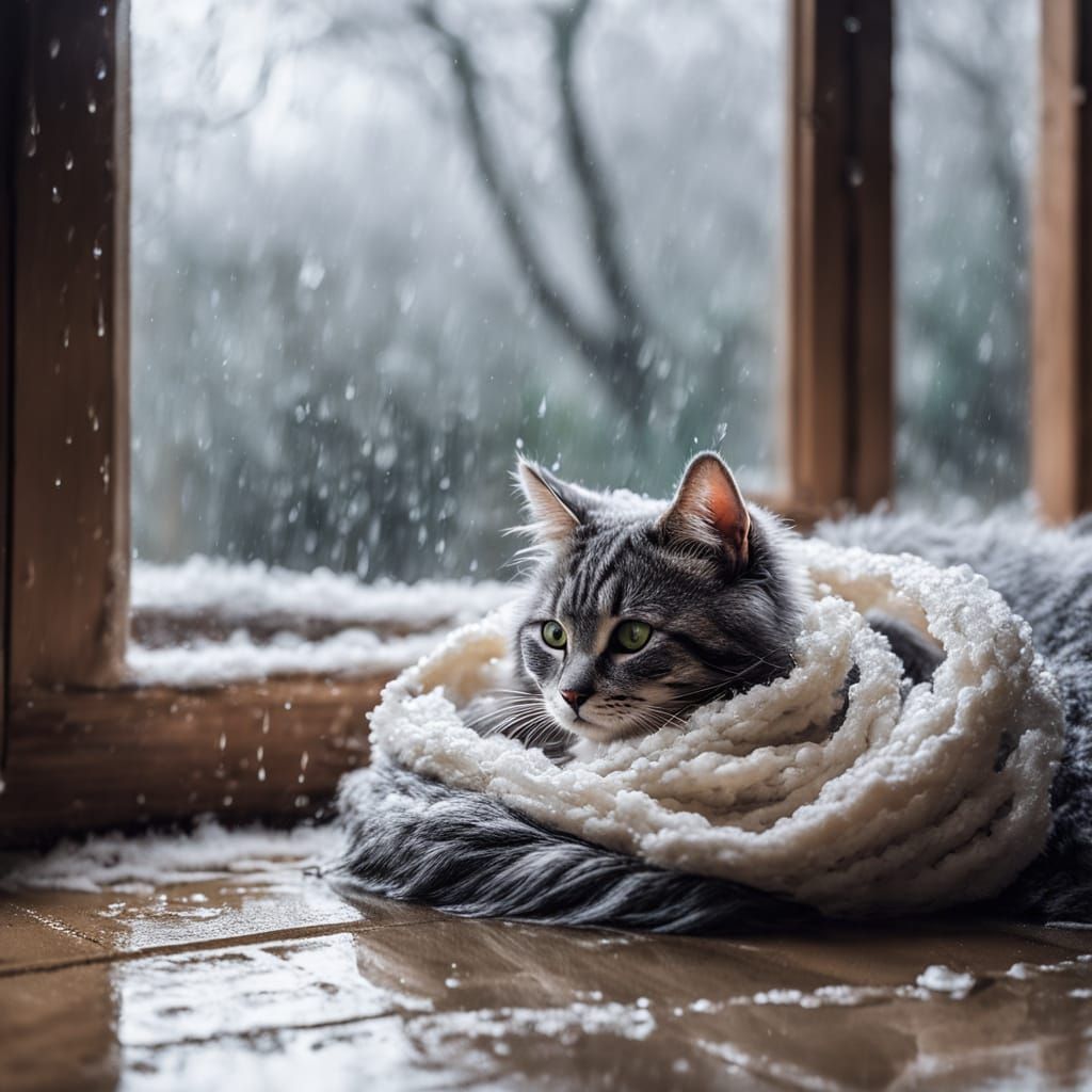 Cute Cat Curled by Rainy Window