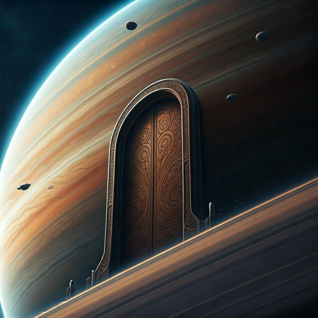 Ornate Door on Ringed Gas Giant in Space