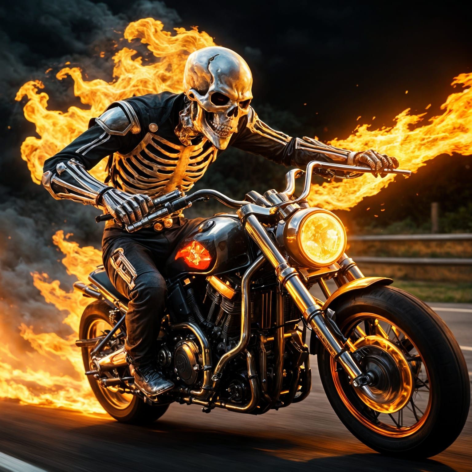 Flaming Skeleton Rider on Motorcycle in Cinematic Style