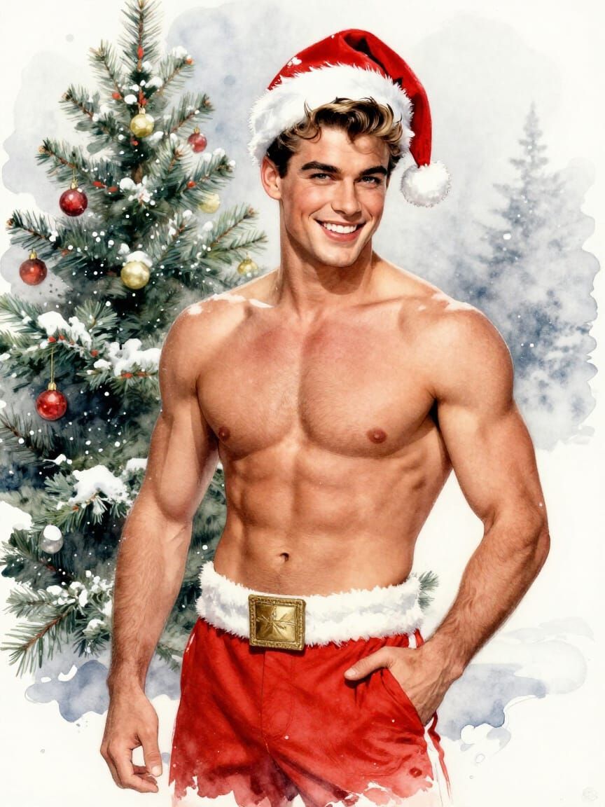 Vintage Rockabilly Pin-Up: Muscular Man in 1950s Christmas S...