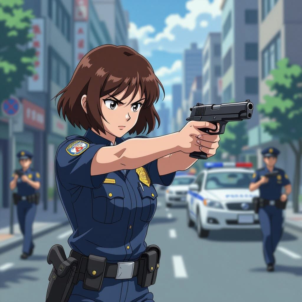 Heroic Female Officer in Cinematic Anime Style