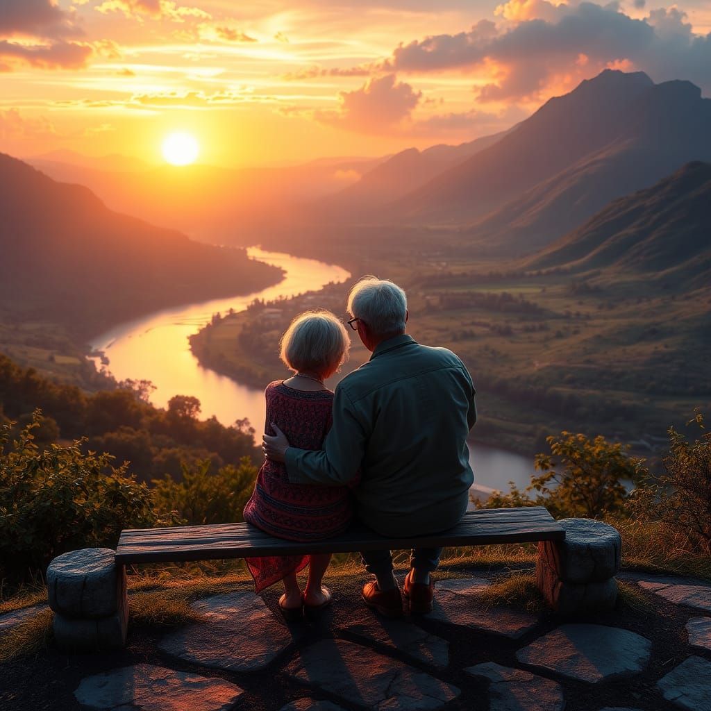 Elderly Couple at Sunset: Fantasy Matte Painting