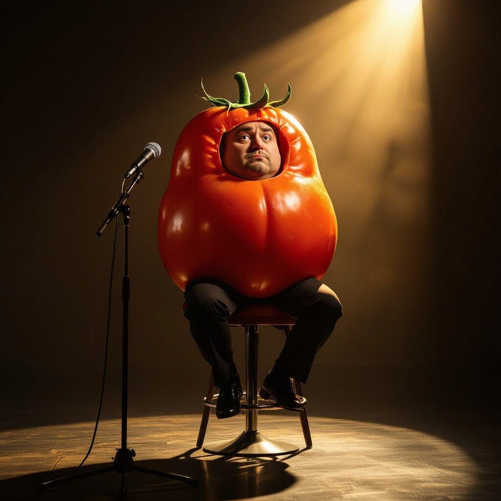 Man in Tomato Costume on Bar Stool Under Spotlight