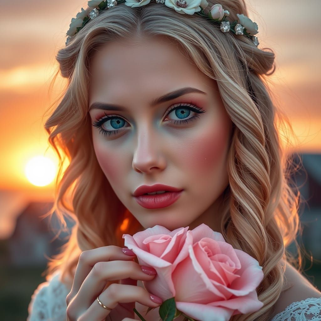 Romantic, Ultra-Realistic Portrait of a Young Woman in Emoti...