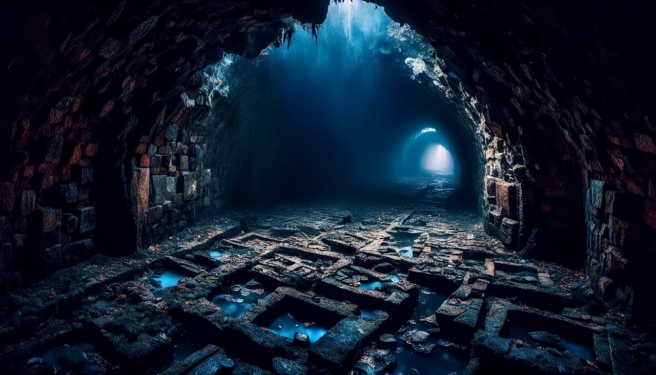 Macabre Medieval Dungeon Tunnel with Blue Mist