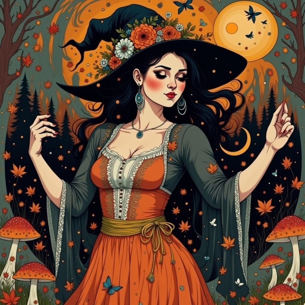 Enchanting Halloween Witch in Gouache Ink Print Style