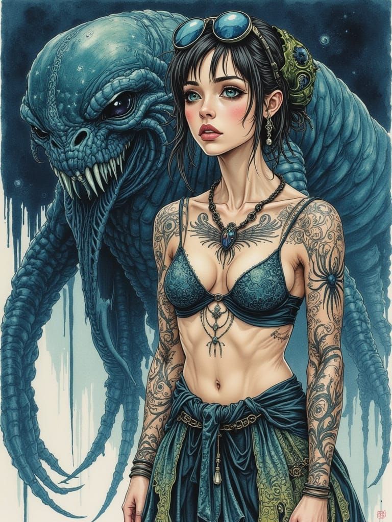 Watercolor Woman Before Oarfish Statue