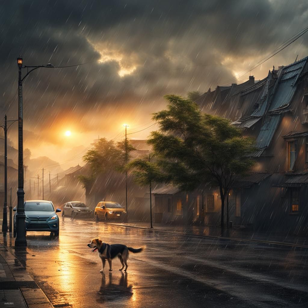 Homeless Dog Walks in Rainy Sunrise: Matte Painting