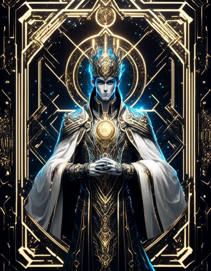 Anime Tarot: The High Priest, TRON inspired, face up, 8K resolution White, gold with blue <lora:Glowing runes dark:1.0> ...