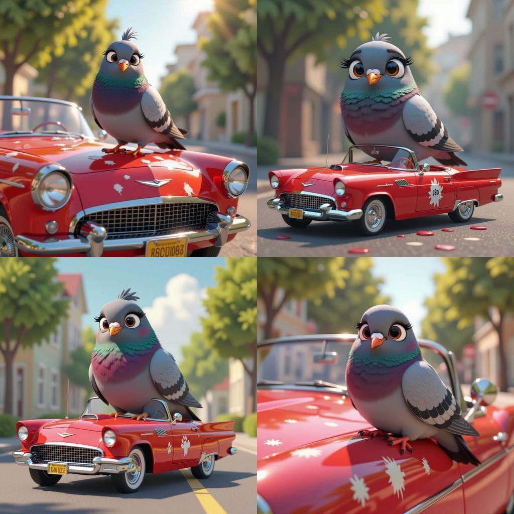 Smug Pigeon Defiles Luxury Car in Pixar Style 3D Render