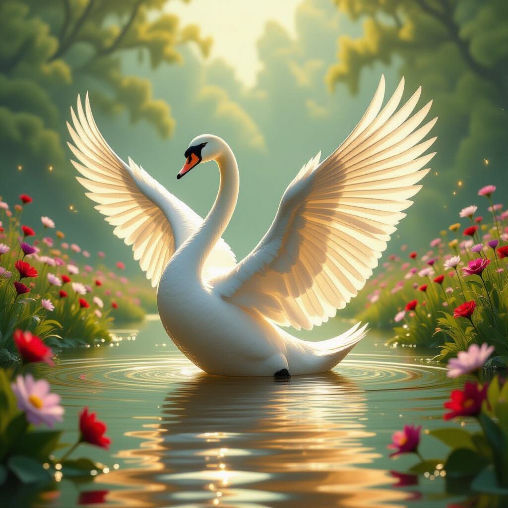 Majestic Swan Rises from Golden Lake in Epic Fantasy Art
