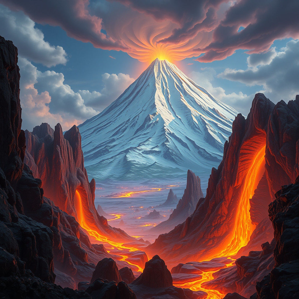 Majestic Volcano Eruption in a Mystical Landscape