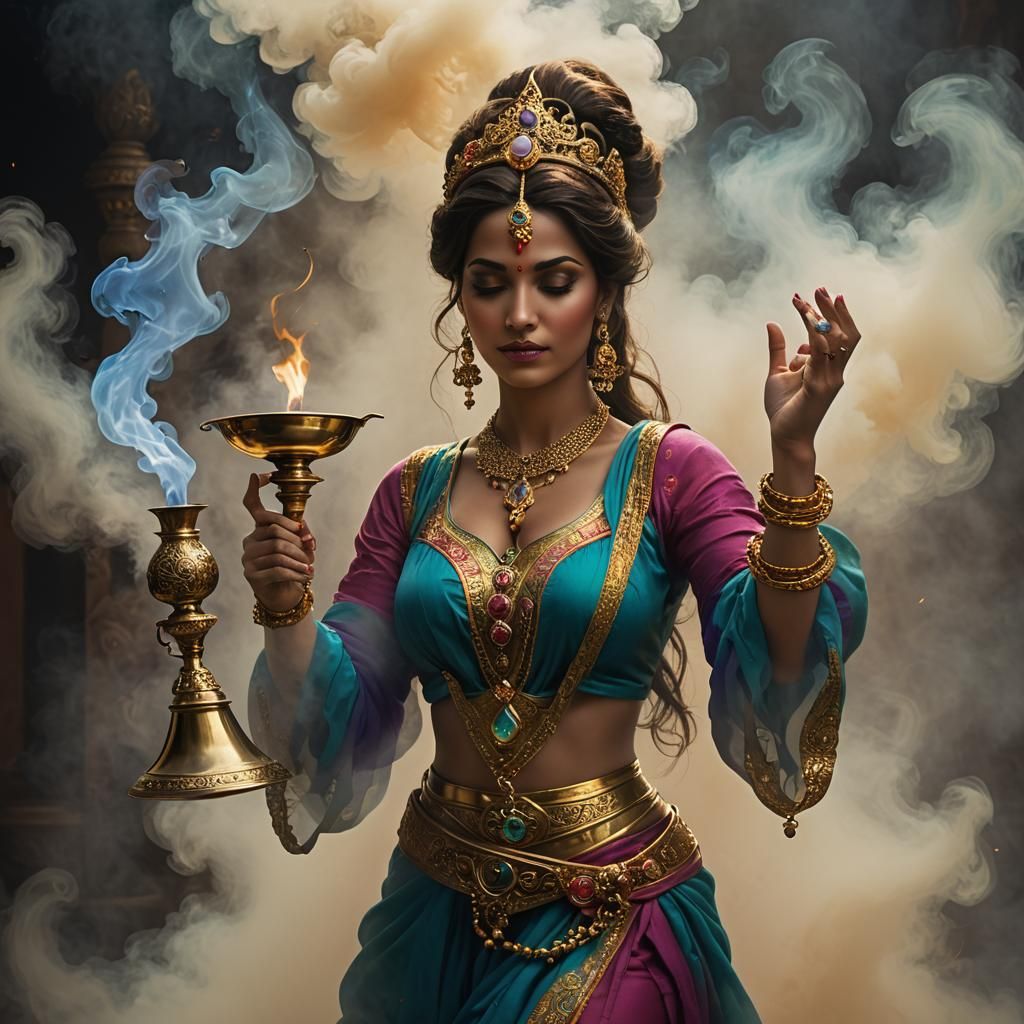 Mystical Genie Emerges from Brass Lamp