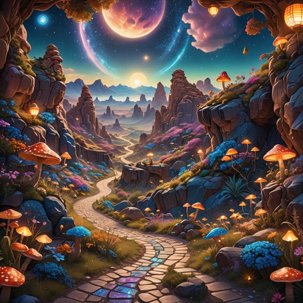 Blooming Oasis with Iridescent Rocks in Fantasy Landscape