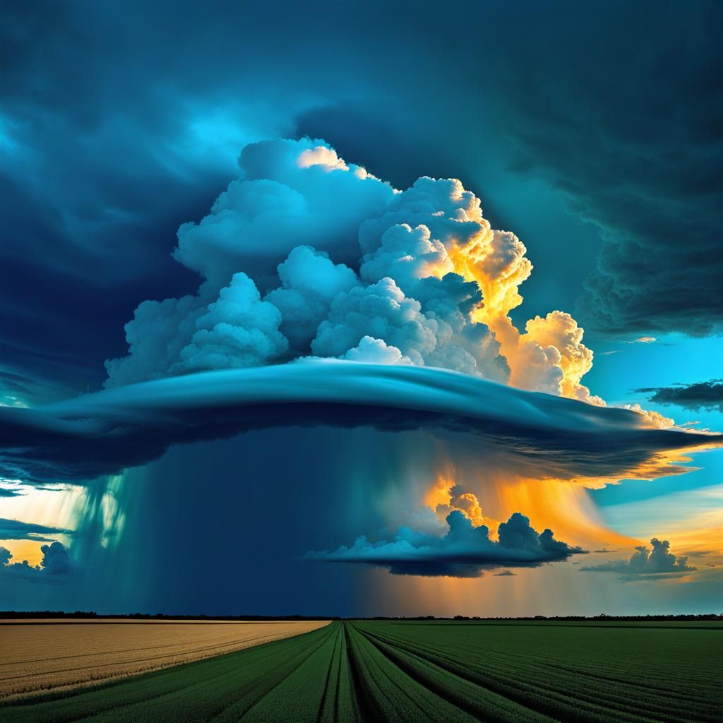 Dadaist Skyscape with Raging Rain and Three Clouds