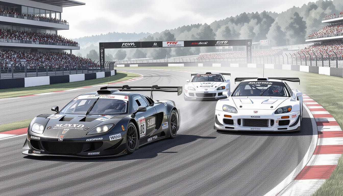 Four Sports Cars Racing on Track in Charcoal Drawing