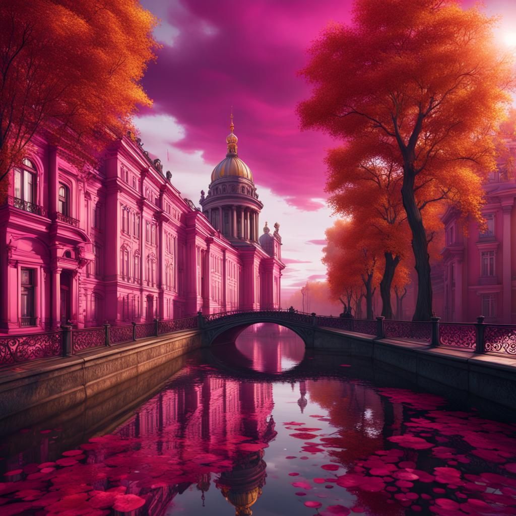 Magenta Autumn in Saint Petersburg: Detailed Matte Painting