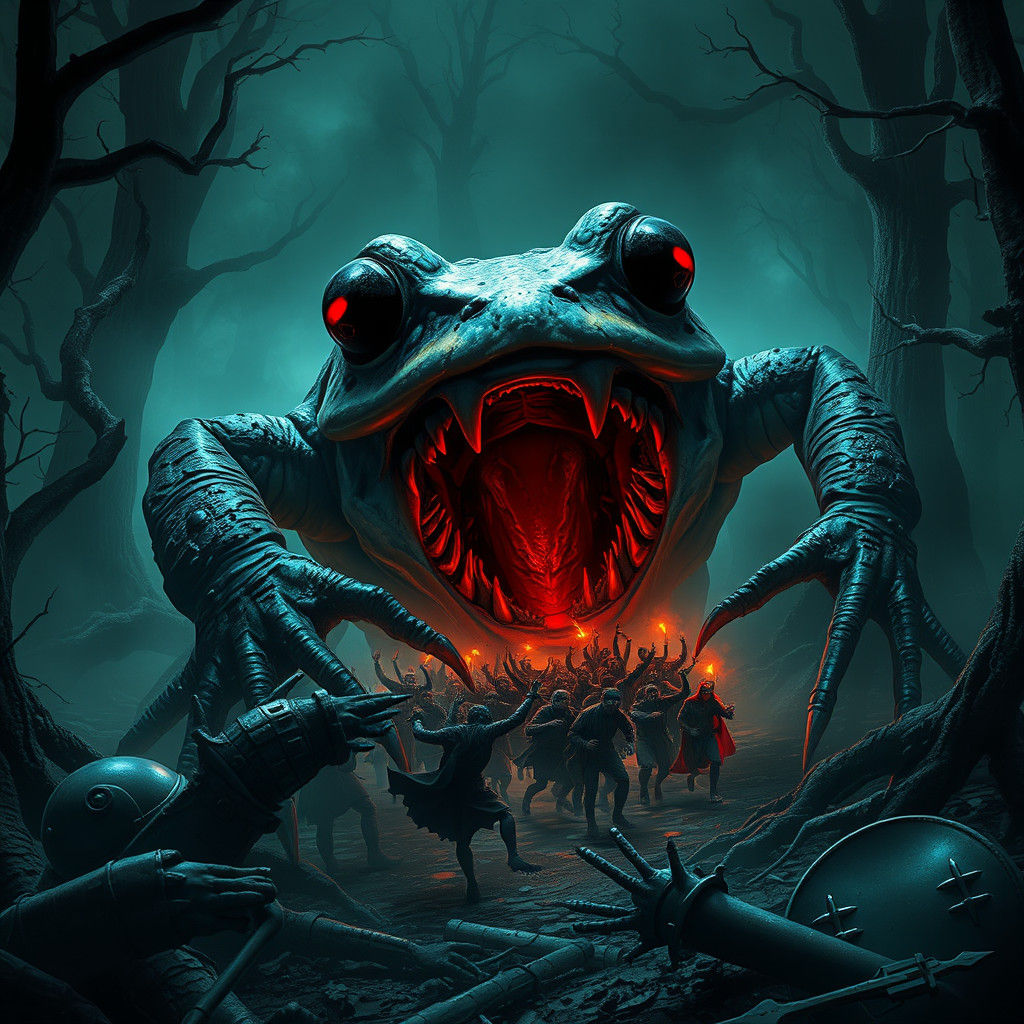 Zombie Frog Devouring Humans in Apocalyptic Forest