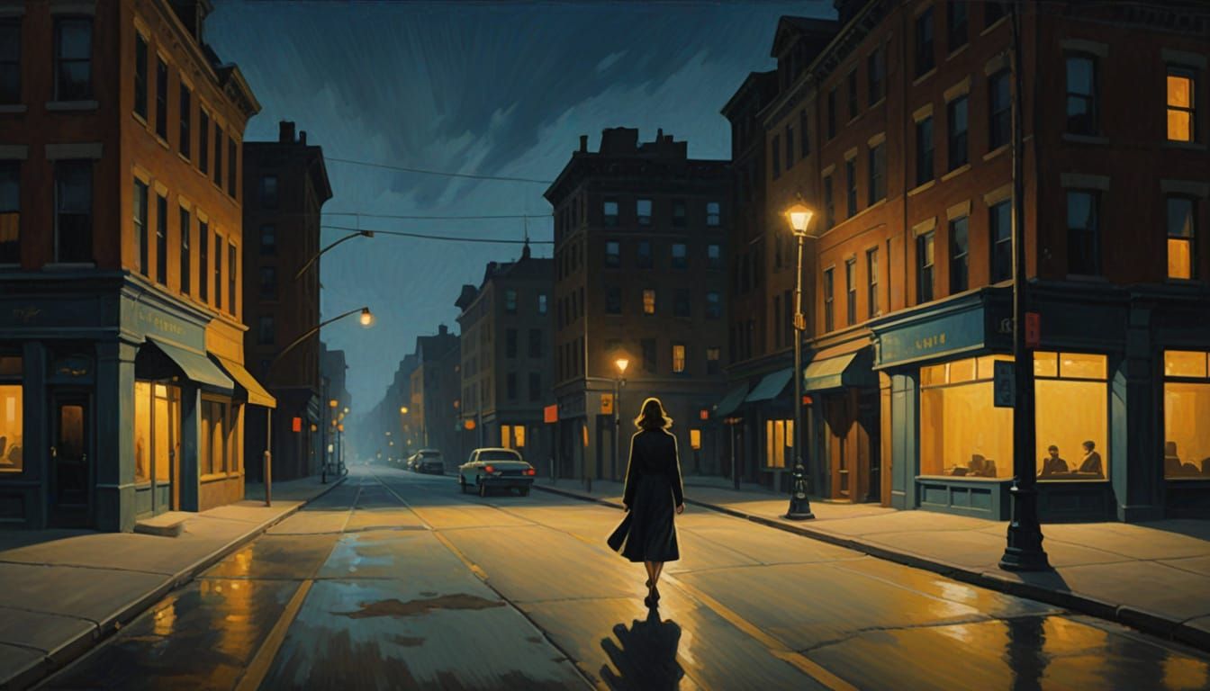 Mysterious Cityscape at Twilight, in an Edward Hopper Style