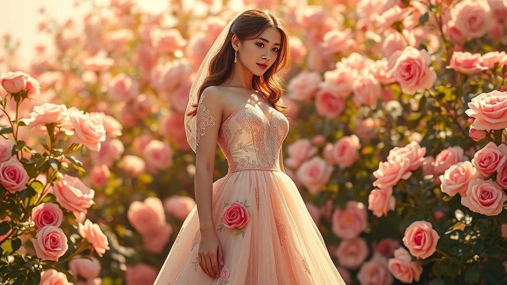 Saintess of Roses in Elegant Gown, Digital Painting