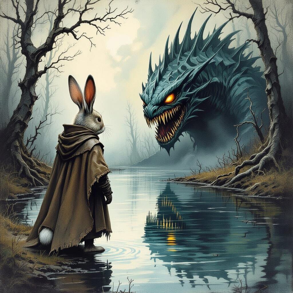 Rabbit Discovering a Sea Monster in Dark Fantasy Style