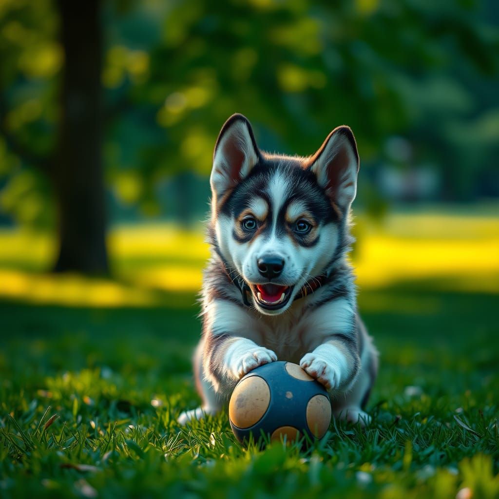 Hyperrealistic Husky Puppy Plays in Park