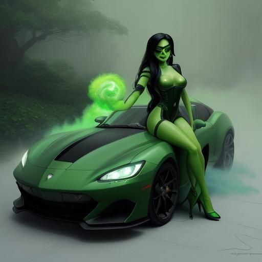 Shego Drives Sports Car with Green Fire Wheels