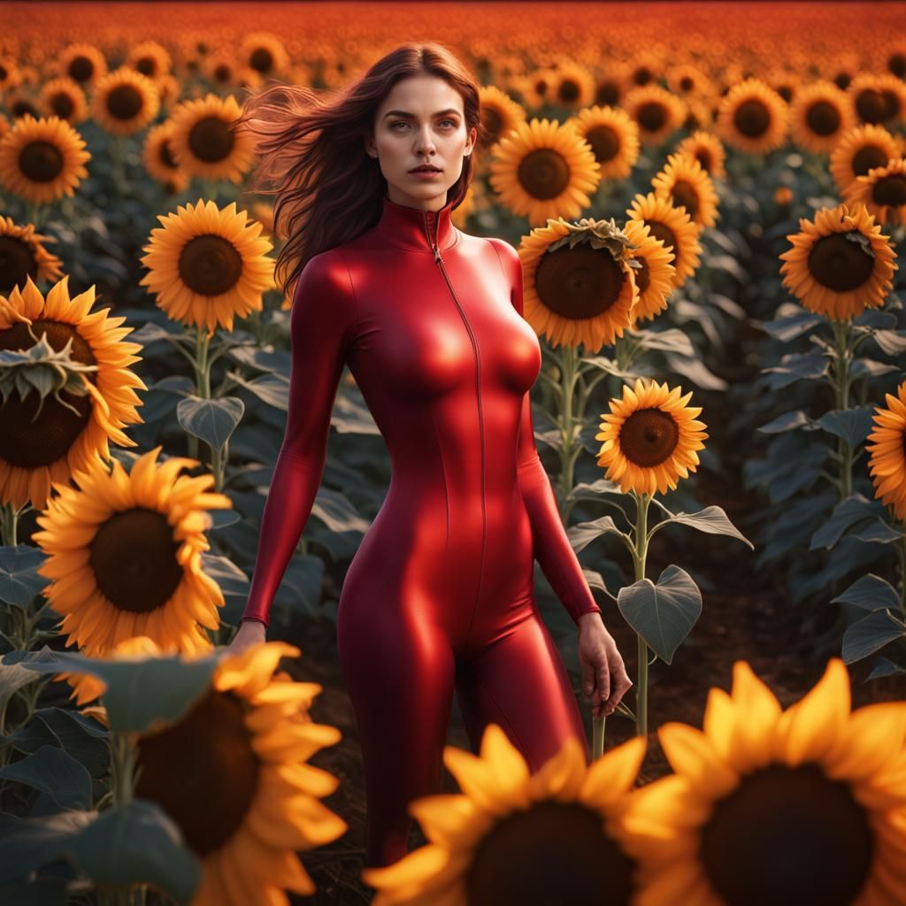Woman in Red Unitard Among Sunflowers