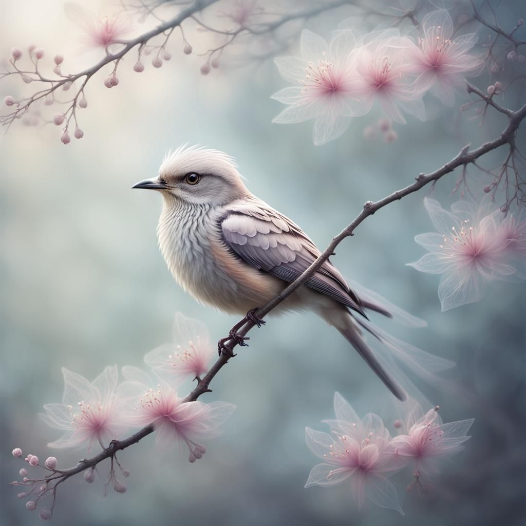 Ethereal Bird in Whimsical Fantasy Blossom Tree