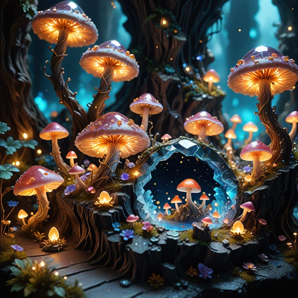 Fairies Illuminate Melting Crystal City Inside Geode