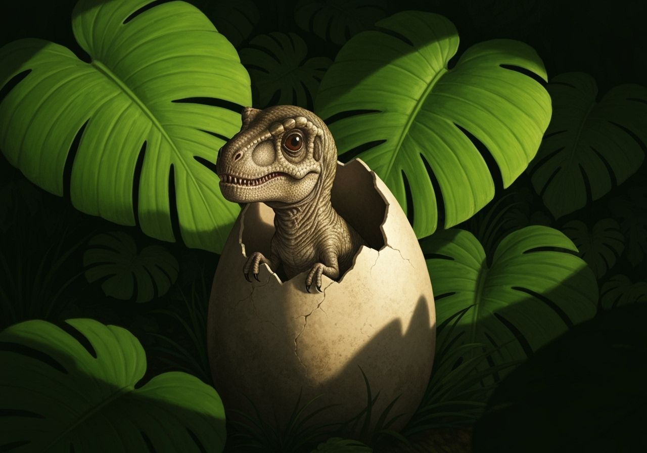 Baby T-Rex Hatching at Sunset: Detailed Wildlife Illustratio...