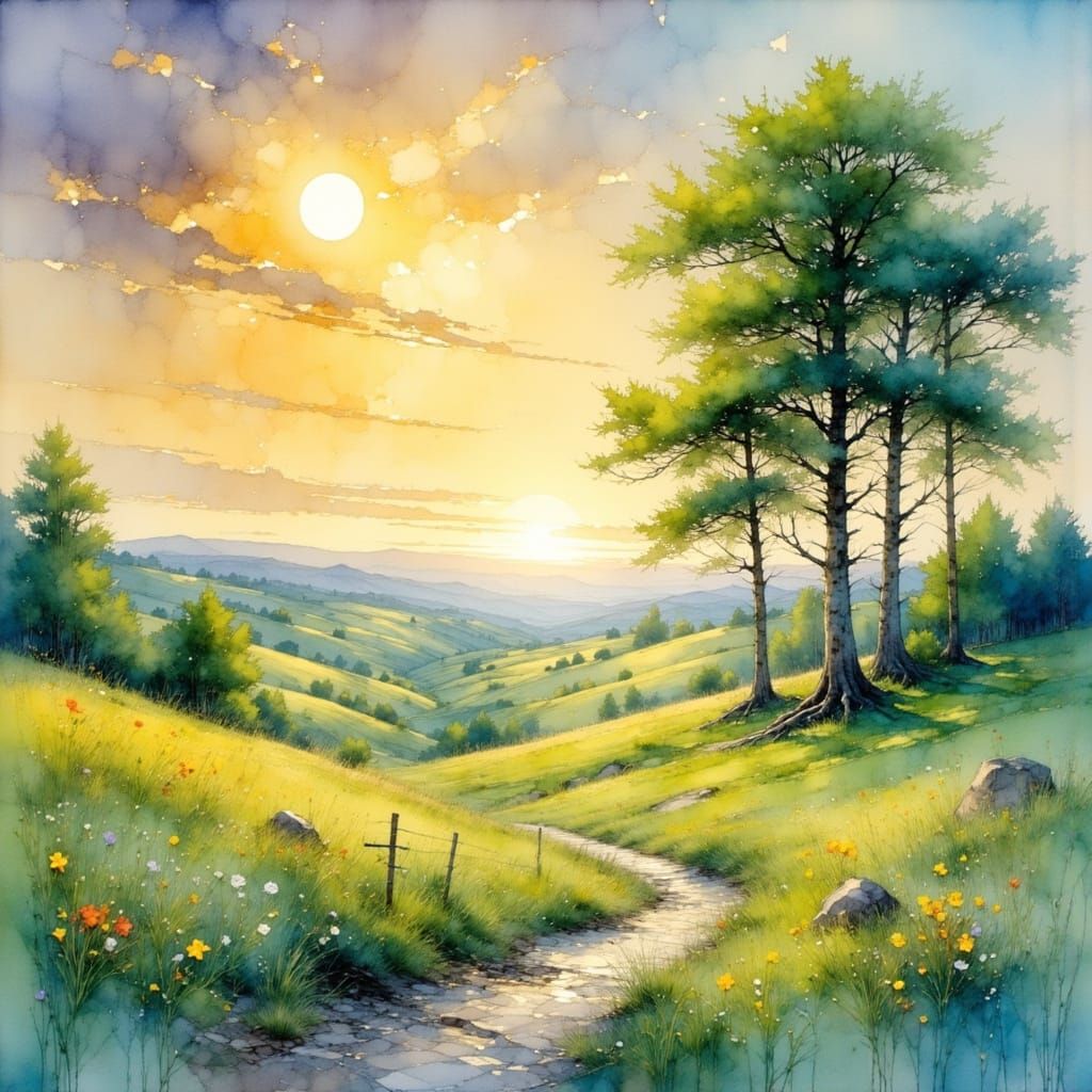 Dreamy Landscape with Sunlight and Moonlight in Watercolor