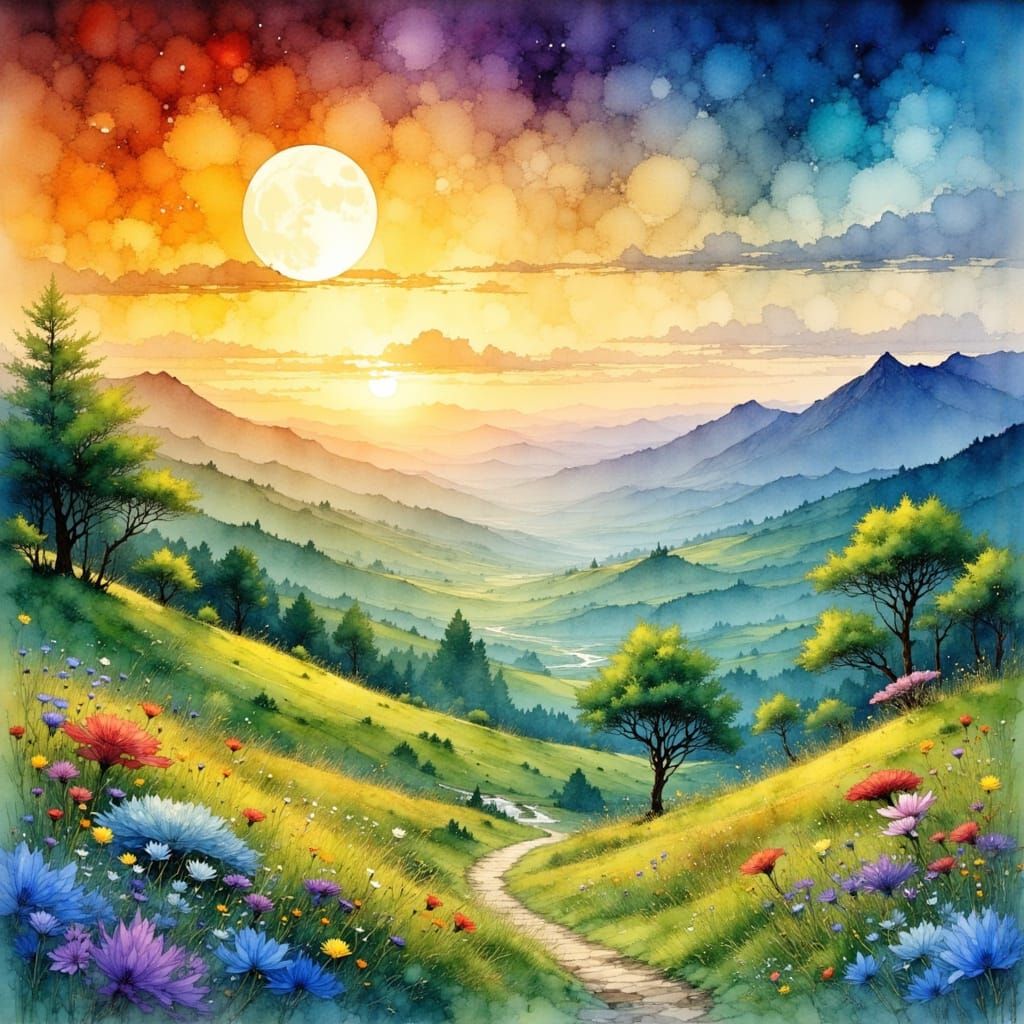 Watercolor Landscape: Day Meets Night in Harmony