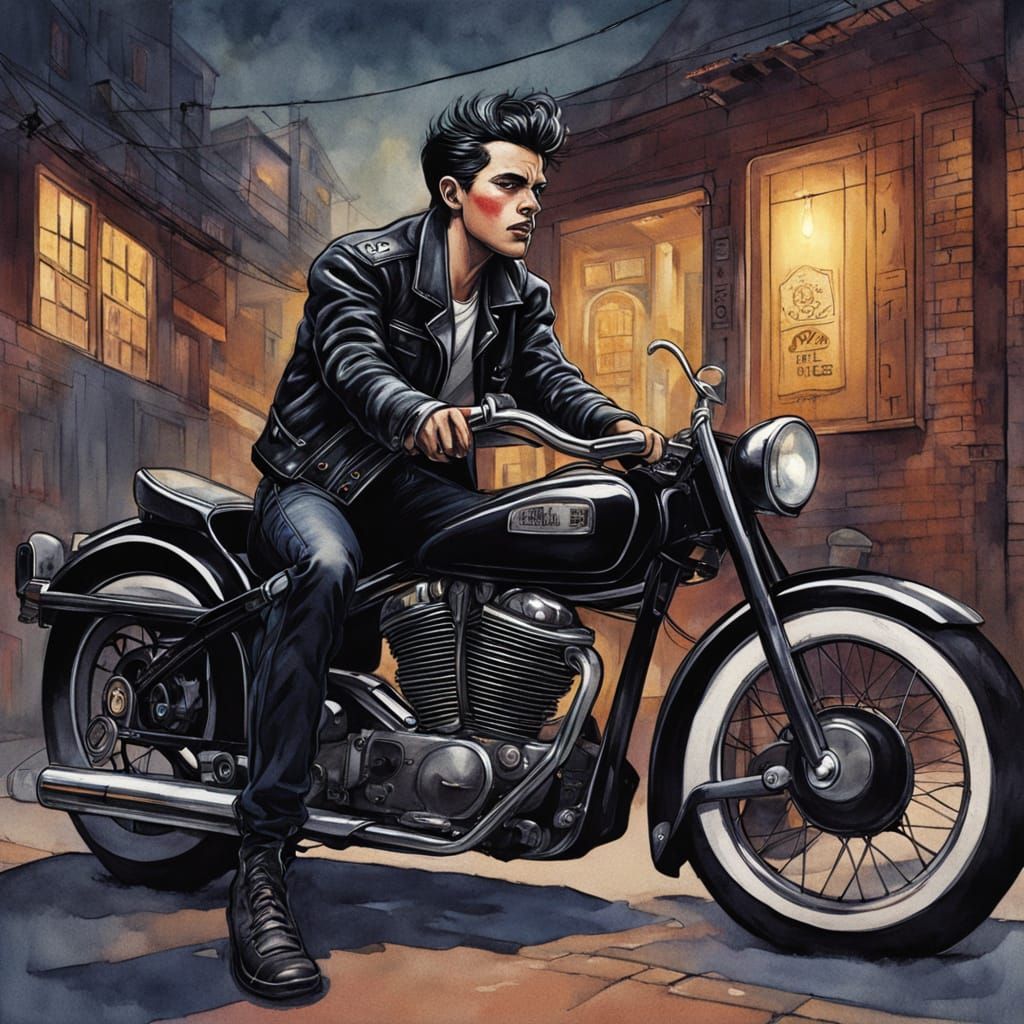 Greaser on Motorcycle in Dark Fantasy Watercolor
