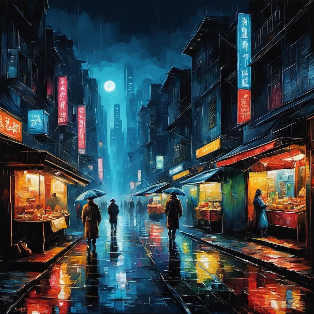 Blade Runner Street Food Scene as Impasto Oil Painting