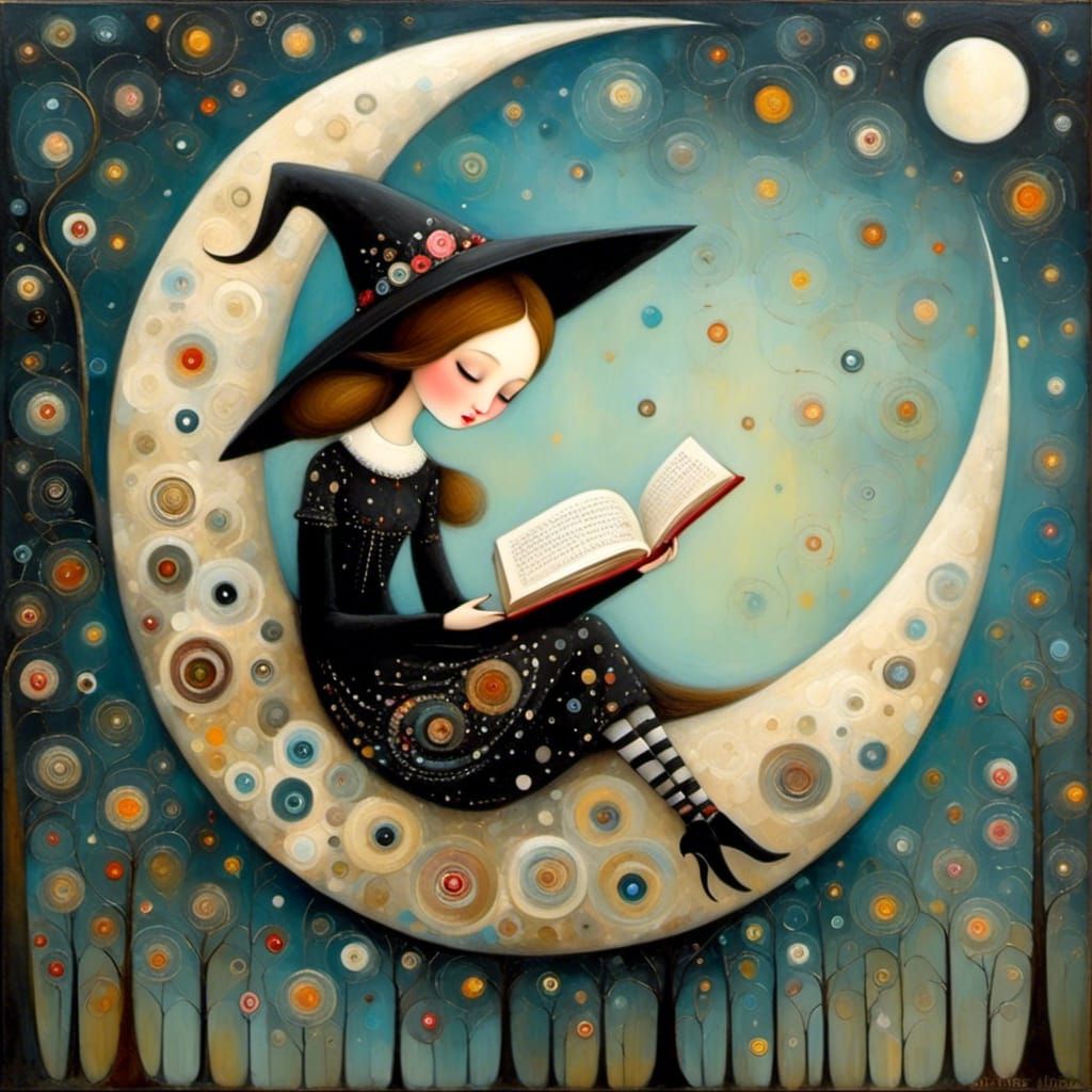 Young Witch Reading on the Moon in Whimsical Style