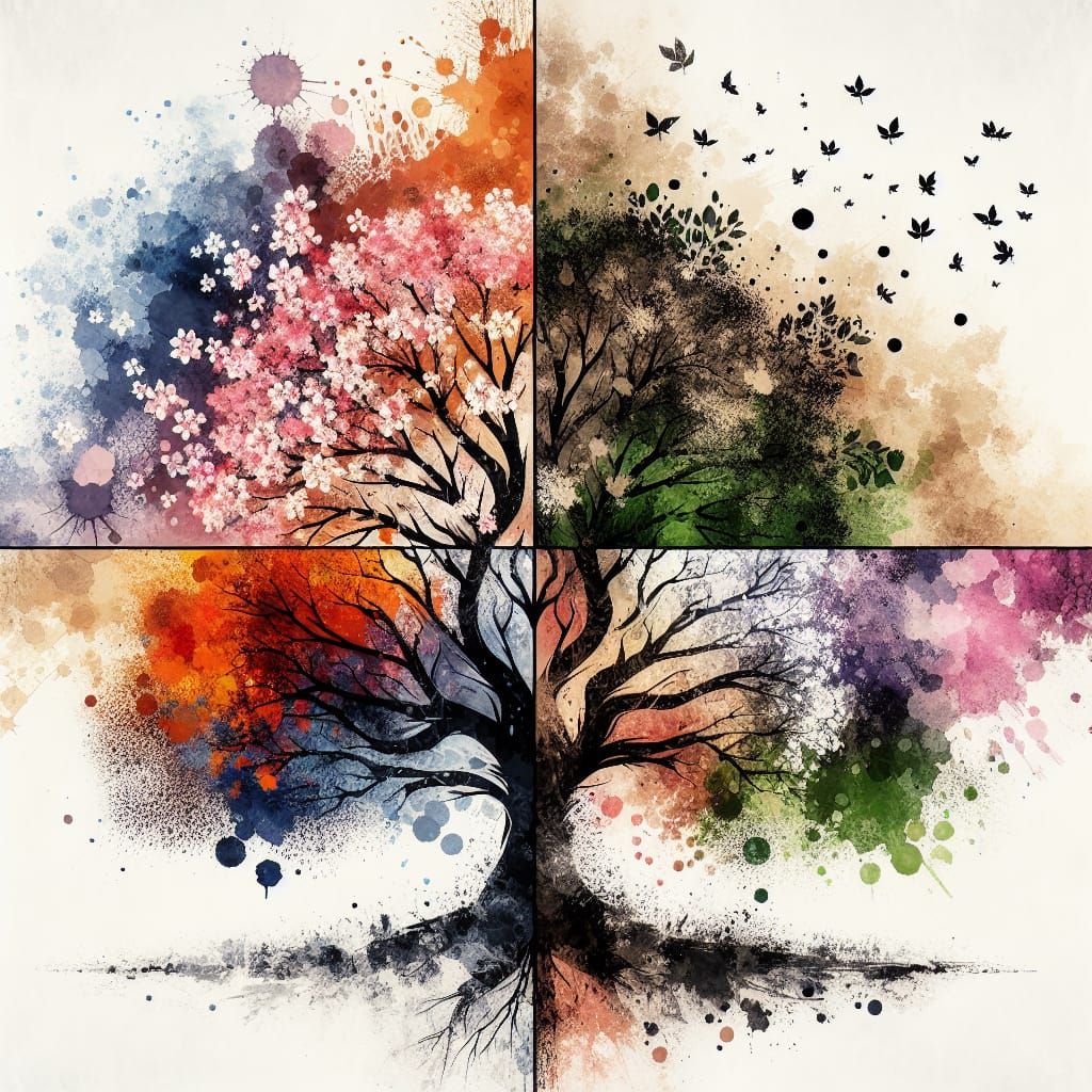 Four Seasons Tree in Ink Art Style