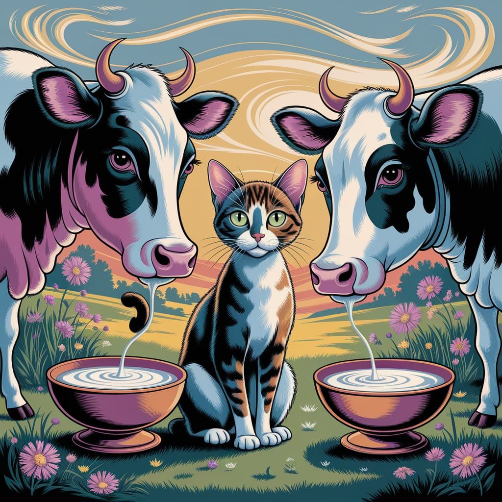 Cat Drinks Milk from Cows: Dreamlike Illustration